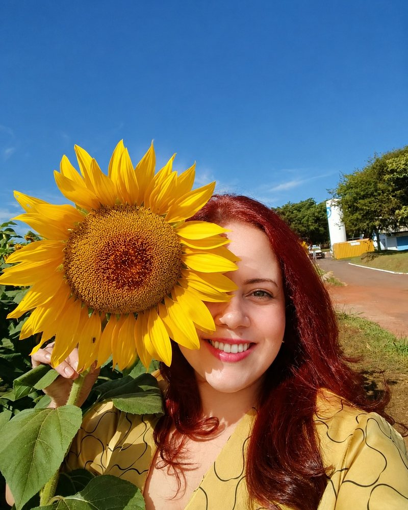 A psicóloga Lorena Karina segurando um girassol, ao ar livre